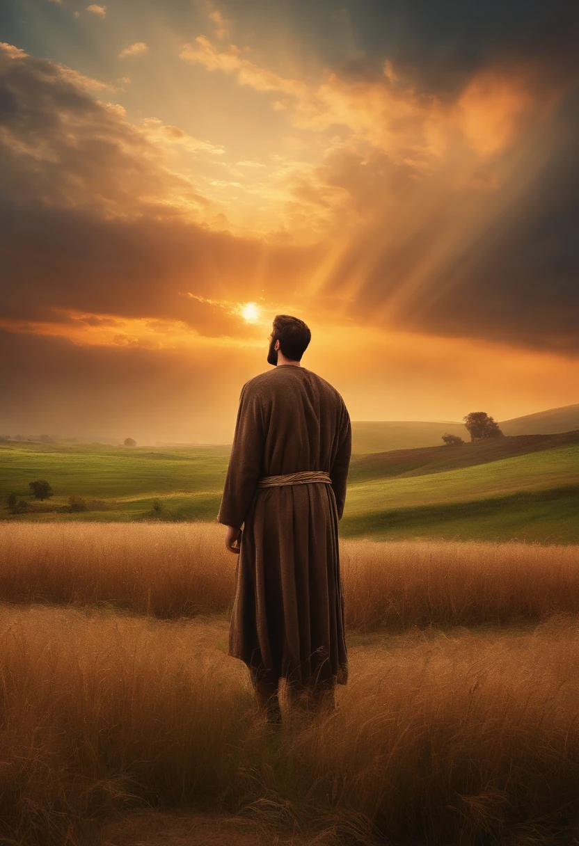 Create a scene of Noah standing in a field, looking up at the sky with a serene expression as he listens to God's voice.