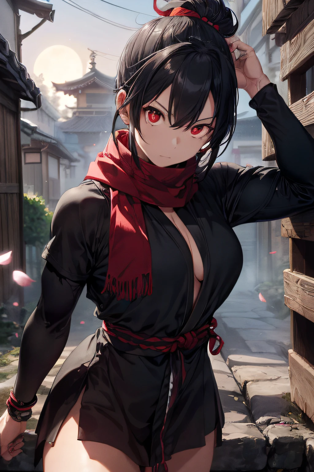 (((masterpeace、BEST QUALITY、high precision、High and fine)))、((fantasy)), (loose and baggy ninja garments), {Dark hair tied together},(Female Ninja Armor),(Long flowing ninja scarf), (Bright red eyes), 1girl, ninja, Japanese style, adult, confident, ninja warrior. Dynamic angle, sakura petals, fuedal japanese estate interior. adult, strong muscular build, tough, strong, nighttime, a very dark night, moody ambiance, full moon. warrior, kunoichi, Trained ninja assassin. revealing skin, big boobs, strong facial features.