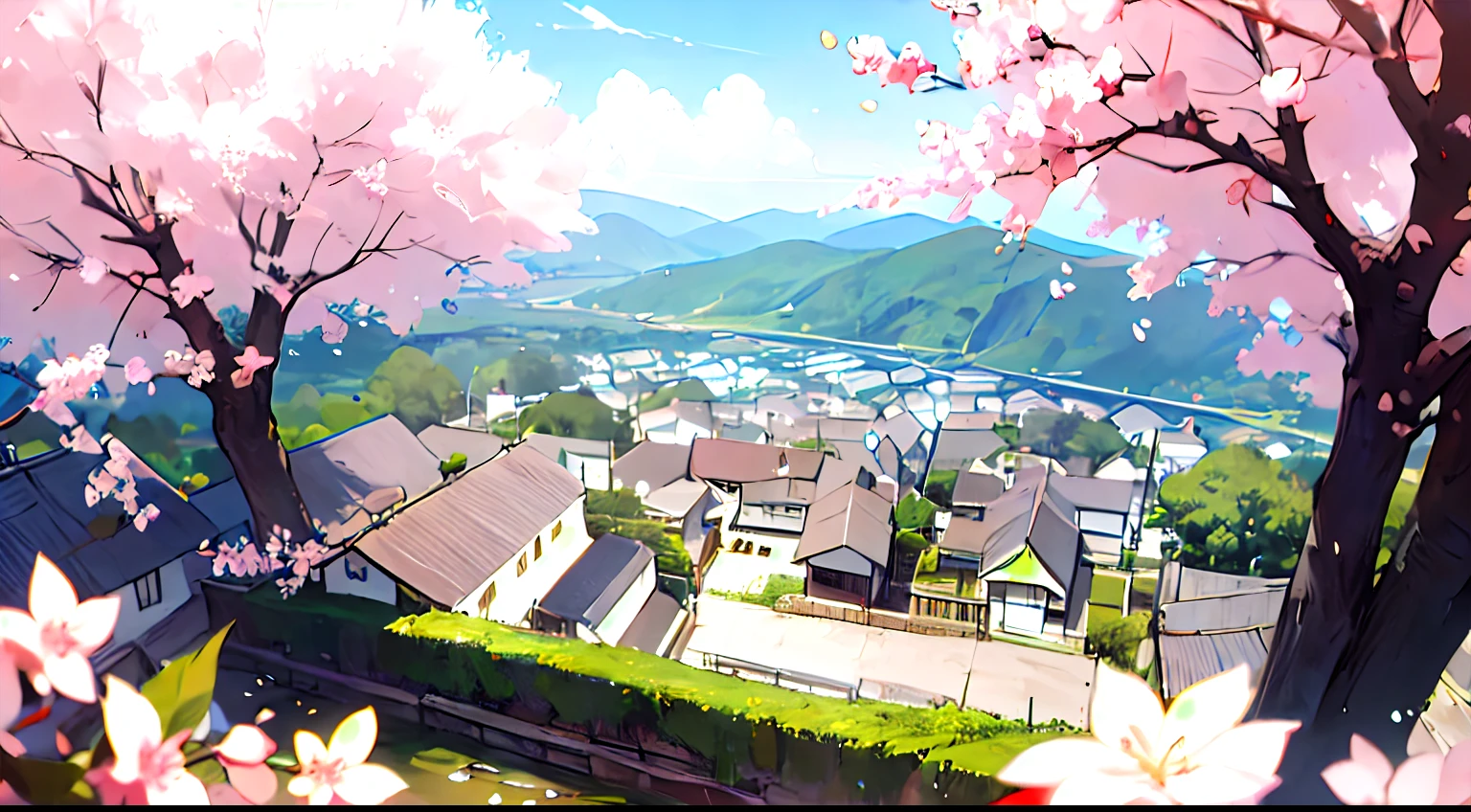 Describe an image of the picturesque Japanese village surrounded by cherry blossoms.