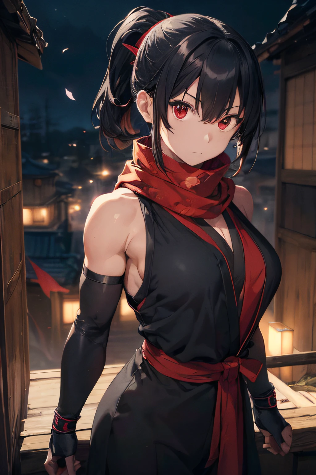 (((masterpeace、BEST QUALITY、high precision、High and fine)))、((fantasy)), (loose and baggy ninja garments), {Dark hair tied together},(Female Ninja Armor),(Long flowing ninja scarf), (Bright red eyes), 1girl, ninja, Japanese style, adult, confident, ninja warrior. Dynamic angle, sakura petals, fuedal japanese environment. adult, strong muscular build, tough, strong, nighttime, a very dark night, moody ambiance, full moon. warrior, kunoichi, Trained ninja assassin. revealing skin, big boobs, strong facial features.