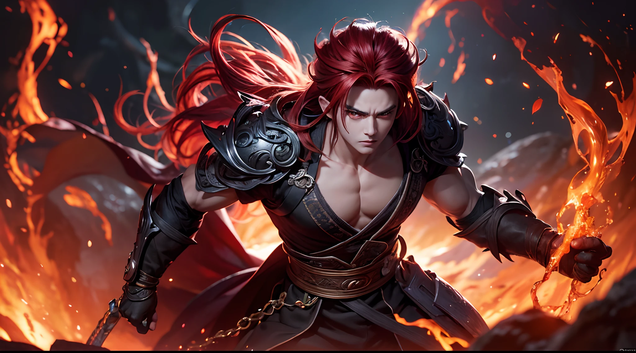 An 8k masterpiece, highest resolution, every detail, meticulous detail, depth of field, bright colors, beautiful composition: stunning take on an anime character Gohan with brilliant red hair and beautifully detailed glowing eyes, standing against a dark and ominous background. This handsome demon slayer is the epitome of bad guys in the world of fantasy art.