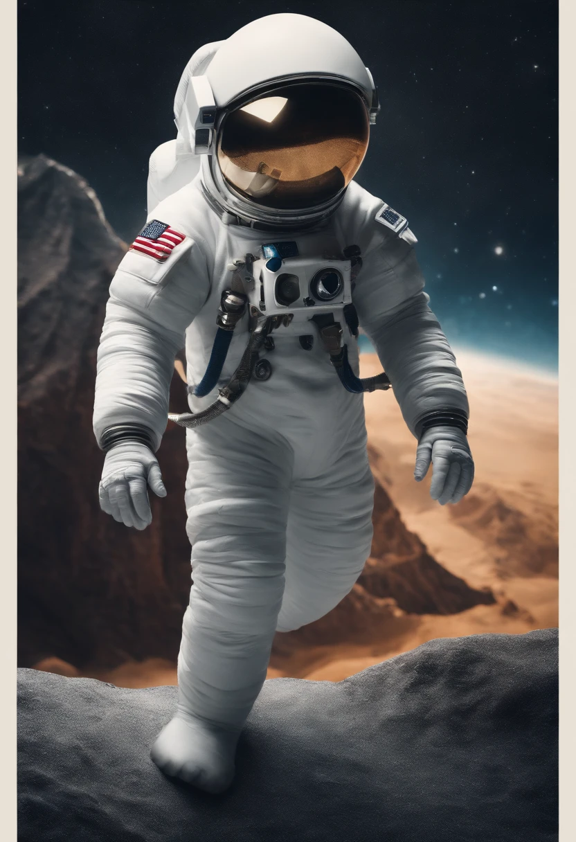 A Yeti themed Astronaut costume, yeti head, floating in space, empty space, in the distant center holding a beer, 1/4 of blurred earth in the background, depth of field, focus on the beer