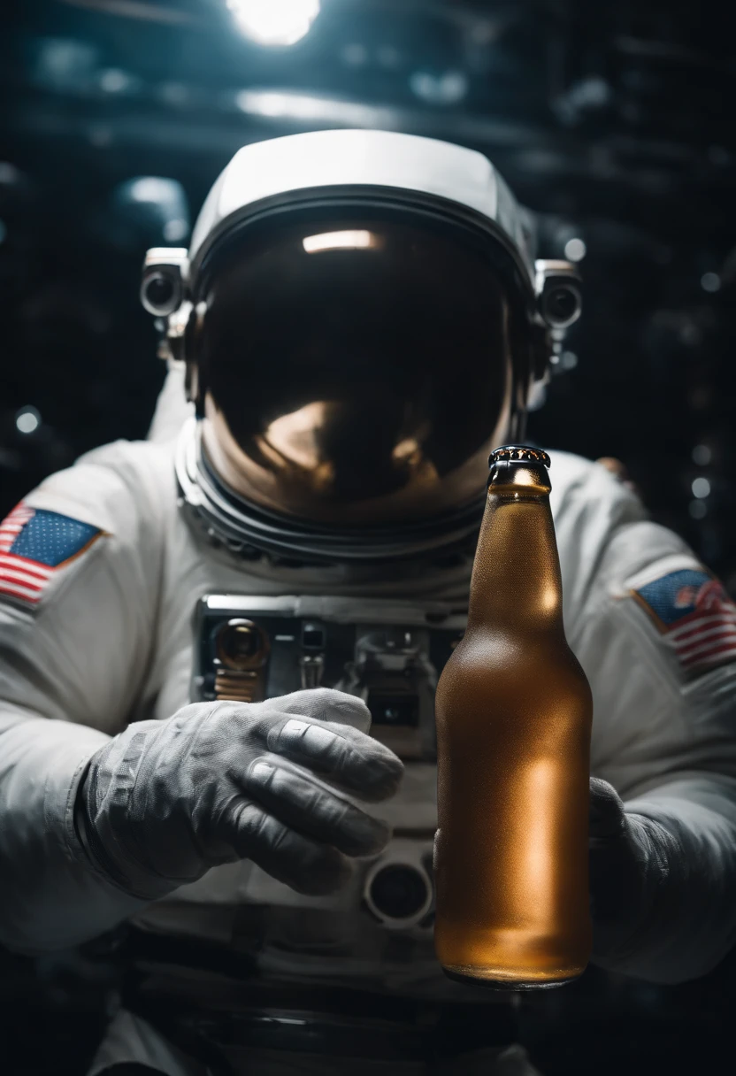 A Yeti themed Astronaut costume, yeti head, floating in space, empty space, in the distant center holding a beer, 1/4 of blurred earth in the background, depth of field, focus on the beer