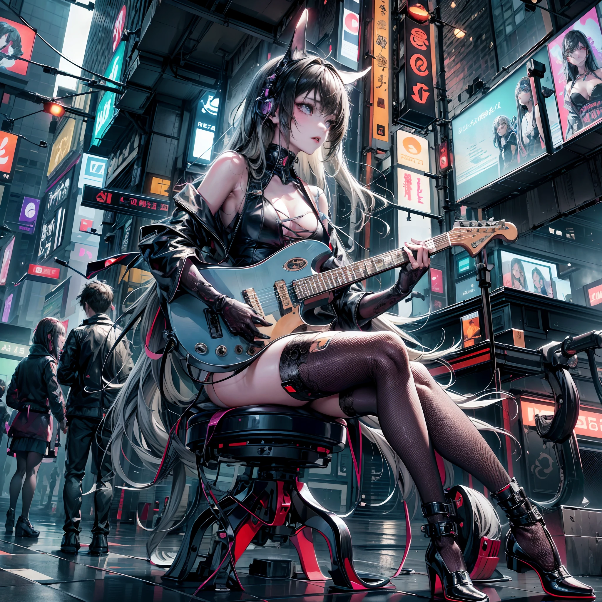 Cinematic lighting,super detailed skin、Beautiful detailed eyes、Best Quality,Perfect Anatomy,(Alternative、dim colors, Soothing tones:1.3),NSFW(Detailed beautiful facial features:1.3)Halloween Night Day、A cyberpunk girl who suddenly appeared at the intersection of modern Shibuya, (plays the guitar:1.6)The center of the Shibuya Scramble Crossing、Sit in a chair、Highly detailed feet、Halloween Decorations、(Many modern people surround her,、I'm paying attention:1.8)fullllbody