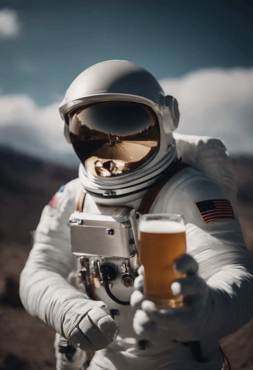A Yeti themed Astronaut costume, yeti head, floating in space, empty space, in the distant center holding a beer, 1/4 of blurred earth in the background, depth of field, focus on the beer