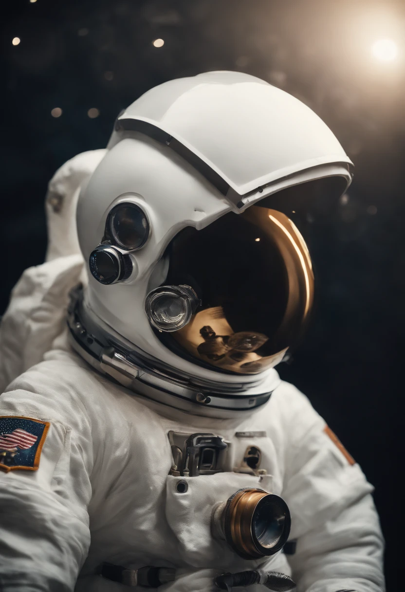 A Yeti themed Astronaut costume, yeti head, floating in space, empty space, in the distant center holding a beer, 1/4 of blurred earth in the background, depth of field, focus on the beer
