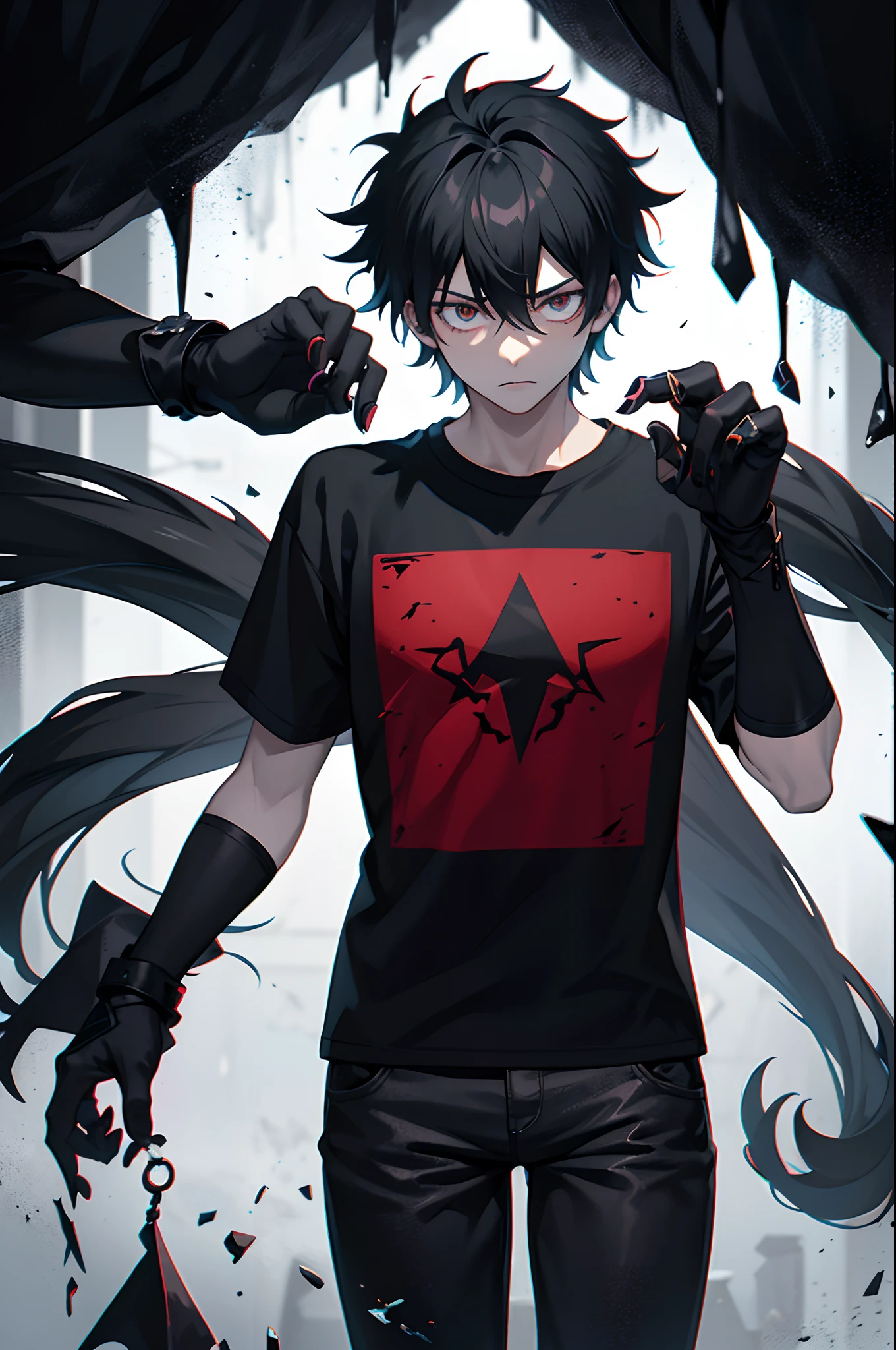Teen boy, darkness, black hand, curse hand monster , t-shirt, black jeans, poker face, died tree background, anime characters, male anime, focus anime, hero academia, scary hand, night darkness, raining, monster hand, have power to absorb the elements of life, darkness hand,