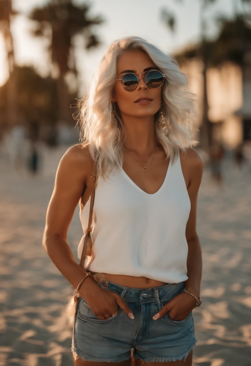 There's a woman with white hair and street clothes posing, na praia,  bespectacled, sorrindo, corpo inteiro, Modelo feminina de 24 anos, menina do cabelo prateado, menina com cabelo branco, Posando, menina com cabelo branco curto, By the light of the beach, por do sol, Ultra sharp focus, Filmagem realista, Women's clothing
, ((filmic grain, detalhes da pele, textura de pele altamente detalhada, 8K HDR, DSLR)), white sneakers, brilhante,