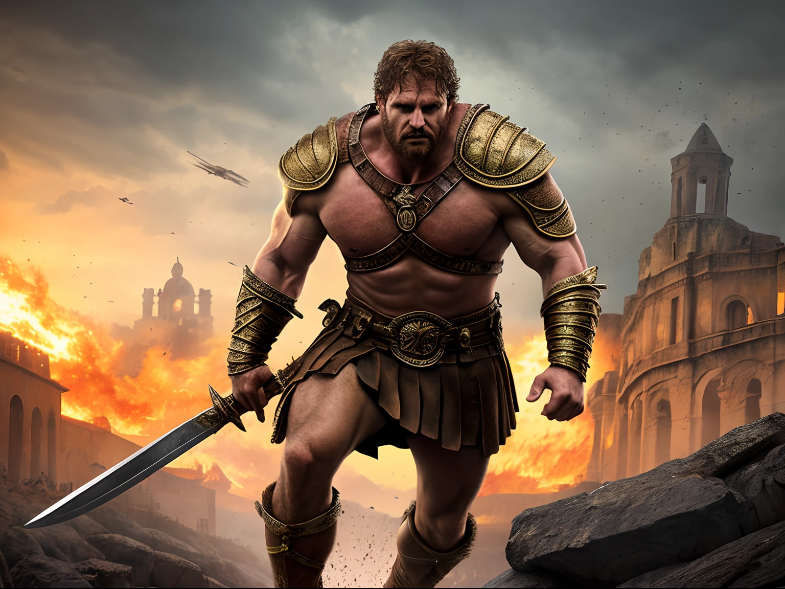 (Masterpiece) Detailed, intricate, epic fantasy, colorful, full body, slight angle, man, 40 years old, in EmotionScape style, very hulking, brawny, fitted, ankle wraps, very hairy torso, big strong hands, fine detailed, running, intense action, dynamic juxtaposition, skimpy revealing slavery outfit, receding hairline, smirk, gladiator, with a sword, blades, big ancient city on fire in the background, heavy rain, smoggy, pointing away, depth of field, particle effects, high quality shadows, intense action, aggressive digital illustrations, emotive landscapes,