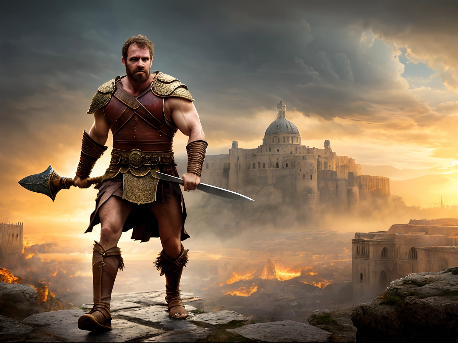 (Masterpiece) Detailed, intricate, epic fantasy, colorful, full body, slight angle, man, 50 years old, in EmotionScape style, very hulking, brawny, fitted, ankle wraps, very hairy hot torso, big strong hands, fine detailed, running, intense action, dynamic juxtaposition, skimpy revealing slavery outfit, receding hairline, smirk, gladiator, with a sword, blades, big ancient city on fire in the background, heavy rain, smoggy, pointing away, depth of field, particle effects, high quality shadows, intense action, aggressive digital illustrations, emotive landscapes,
