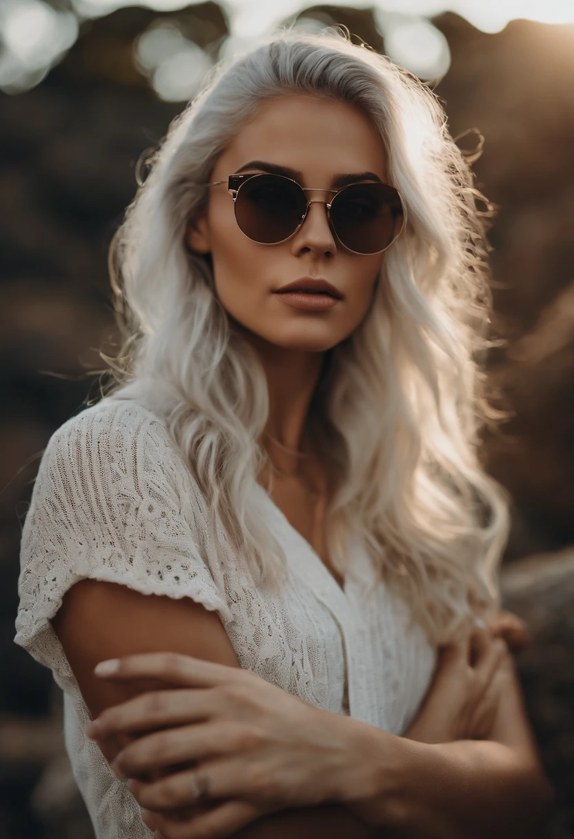 There's a woman with white hair and street clothes posing, na cachoeira, bespectacled, sorrindo, corpo inteiro, Modelo feminina de 24 anos, do cabelo prateado, meninaabelo branco, Posando, menina com cbranco curto, By the light of the waterfall, por do sol, Ultra sharp focus, Filmagem realista, Women's clothing
, ((filmic grain, detalhes da pele, textura de pele altamente detalhada, 8K HDR, DSLR)), white sneakers, brilhante,