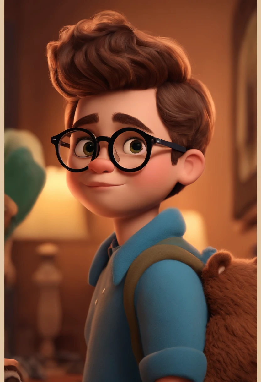 Menino estilo desenho animado, Pixar, wearing round glasses, segurando um urso de pelucia, roupa de escoteiro,