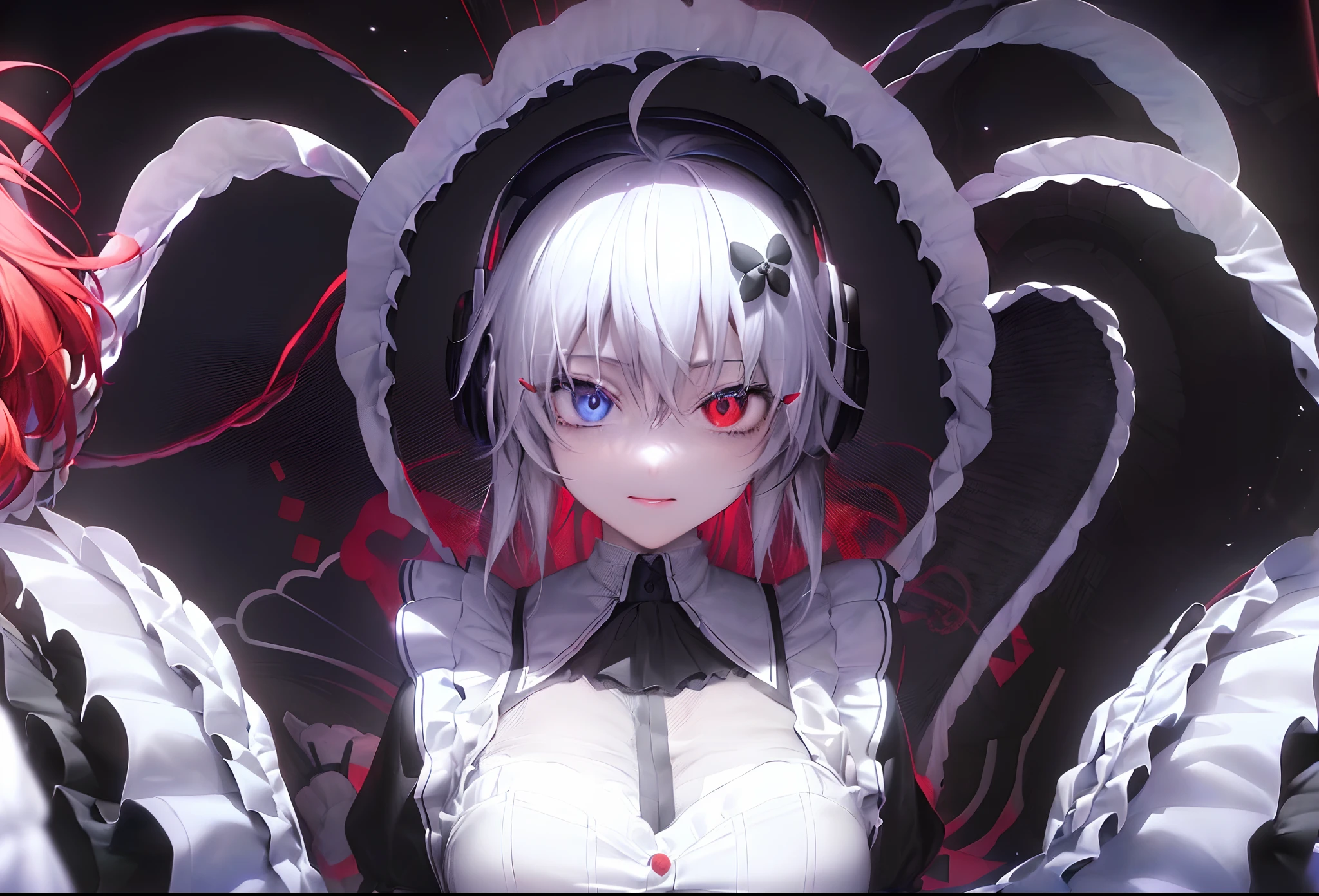 ((Happy eyes: 1.8) (The left eye is blue: 1.5)(The right eye is red: 1.5) (Looking forward: 1.5) Anime character in black and white costume and headphones, anime girls in maid costumes, Cool 3D Anime Girl Rendering, anime girls in maid costumes, maid clothes, gorgeous maid, white haired god, Blue and Red Odd-Eye