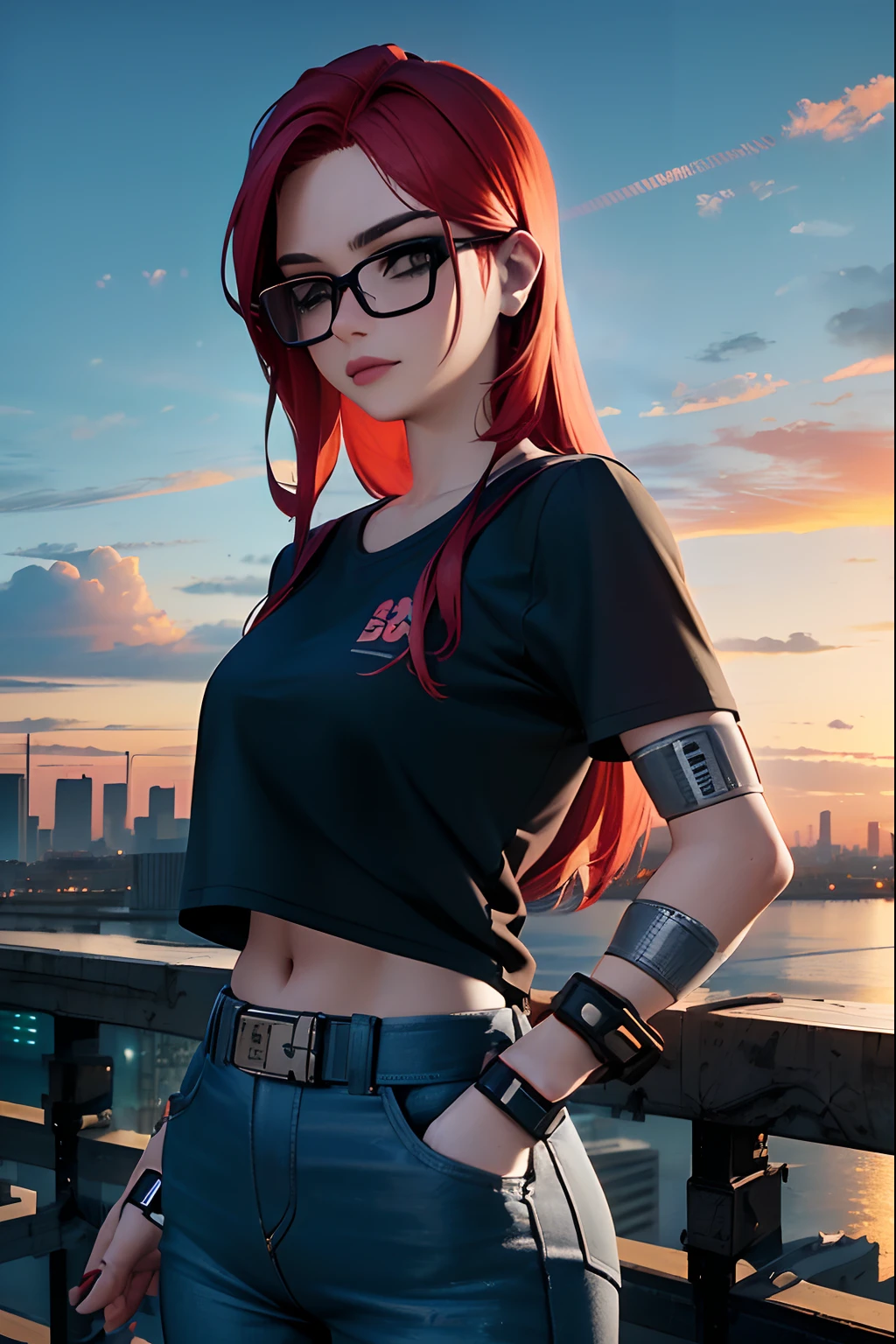 There's a woman with red hair and glasses posing for a photo, arte de anime realista, estilo de arte realista, garota anime cyberpunk, cyberpunk digital - arte de anime, estilo realismo anime, estilo anime 4K, arte digital do anime cyberpunk, estilo anime. 8k, menina de anime cyberpunk feminino, Estilo anime 3D realista, menina cyberpunk sonhadora, photorealistic anime girl rendering