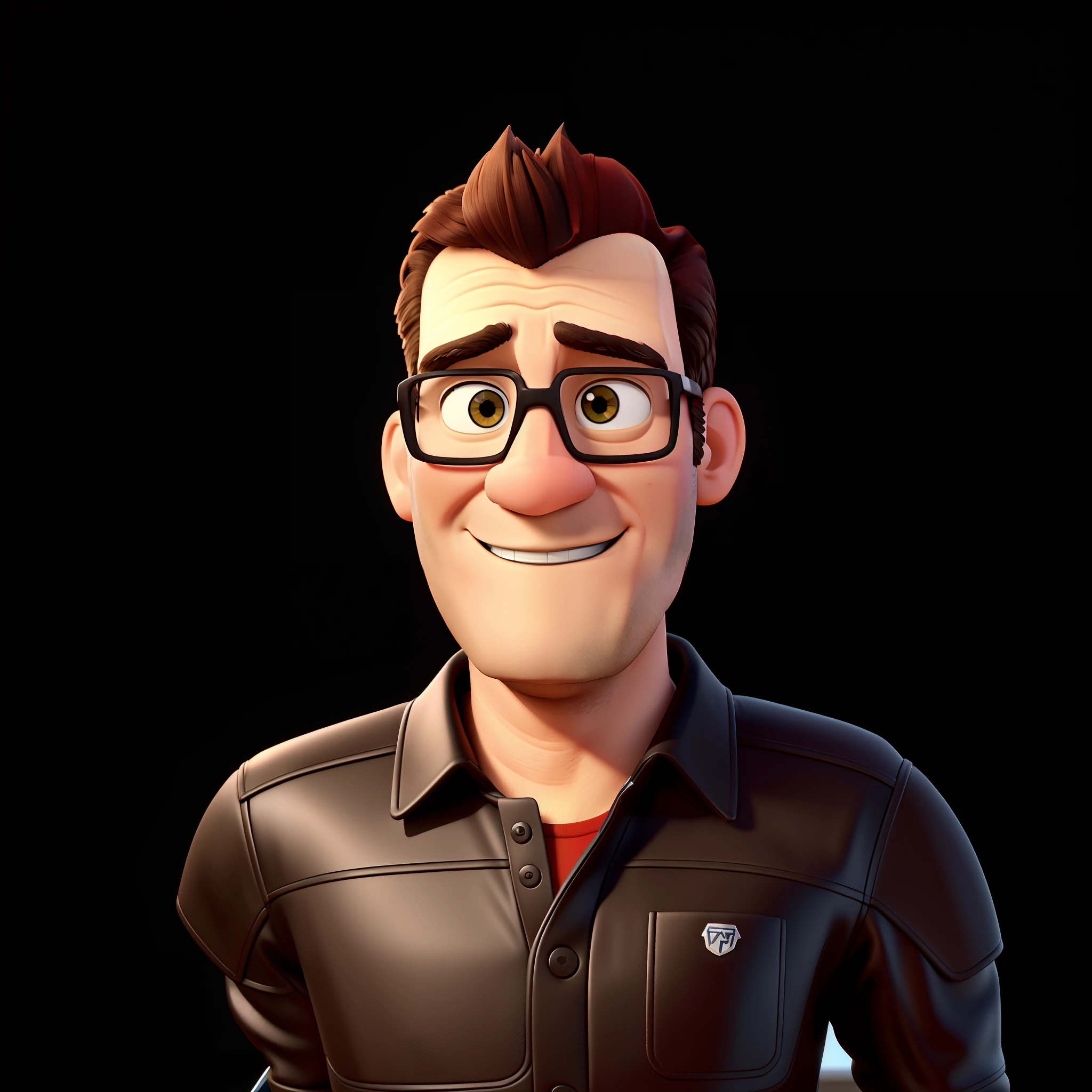 Imagem de um homem, Motorcycle Parts Sales Manager, com 44 anos, com 1,70cm, estilo Diney Pixar alta qualidade, melhor qualidade, with workshop scenery in the background.