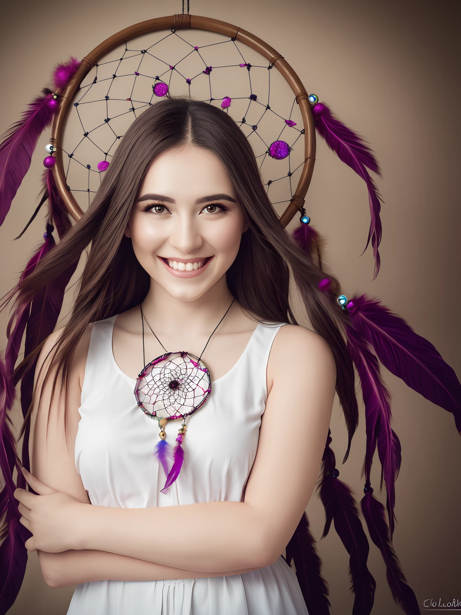 Dream catcher, retrato real, Female 25 years old, guapa, pelo morado largo, sonrisa, fondo de colores morado y maranja, camisa bonita de colores, brazalete detallado de oro