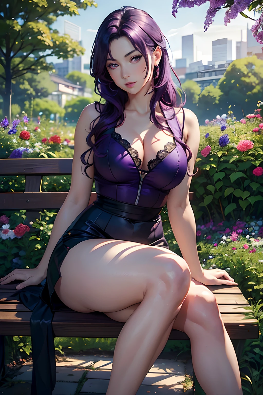 A 30 year old woman in a garden, oil painting, beautiful detailed eyes, beautiful detailed lips, extremely detailed eyes and face, legs open, purple hair, long eyelashes, Misato Katsuragi, city background, confident expression, sitting on a bench, colorful flowers, realistic lighting, vibrant colors