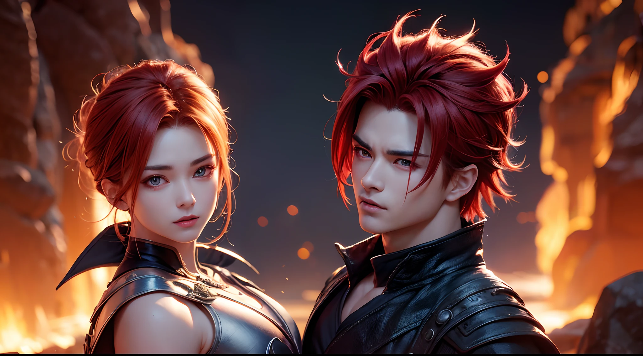 An 8k masterpiece, highest resolution, every detail, meticulous detail, depth of field, bright colors, beautiful composition: stunning take on an anime character Gohan with brilliant red hair and beautifully detailed glowing eyes, standing against a dark and ominous background. This handsome demon slayer is the epitome of bad guys in the world of fantasy art.
