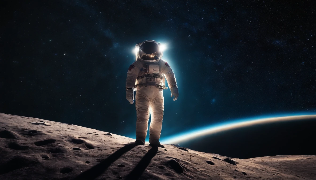 A lone astronaut moves through the vacuum of space, Surrounded by bright stardust and distant galaxies. Capture the breathtaking vastness of the universe and the human spirit of exploration