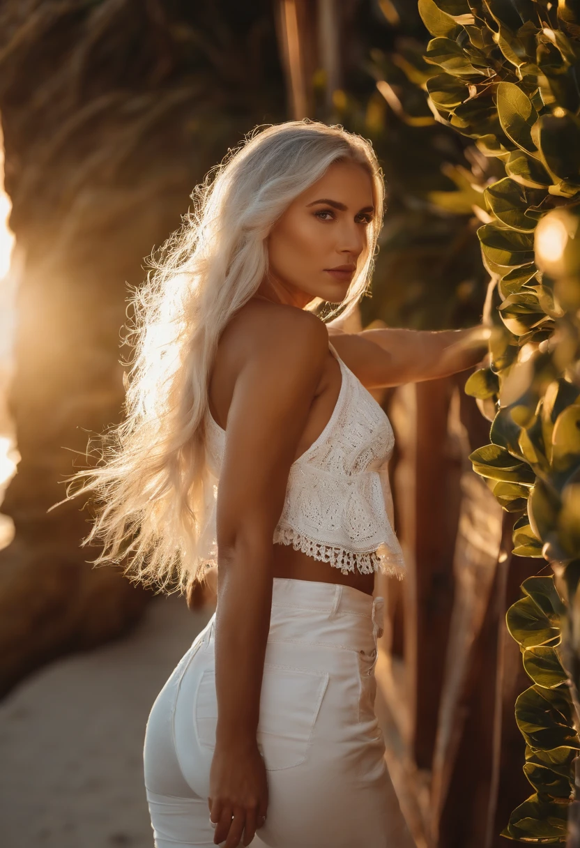 There's a woman with white hair and street clothes posing, na praia,  braid, kalap, of eyeglasses, sorrindo, corpo inteiro, Modelo feminina de 24 anos, menina do cabelo prateado, menina com cabelo branco, Posando, menina com cabelo branco curto, By the light of the beach, por do sol, Ultra sharp focus, Filmagem realista, Women's clothing
, ((filmic grain, detalhes da pele, textura de pele altamente detalhada, 8K HDR, DSLR)), white sneakers, brilhante,