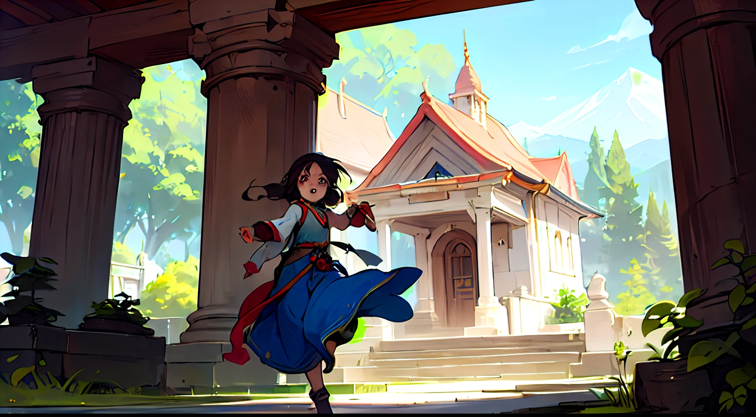 2. Depict Yuki, the cute and fearless girl, discovering the ancient amulet in the hidden mountain shrine.