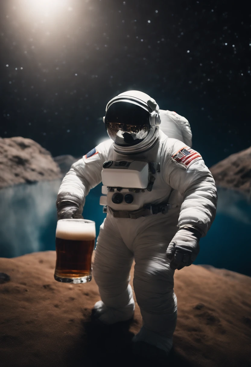 A Yeti themed Astronaut costume, yeti head, floating in space, empty space, in the distant center holding a beer, 1/4 of blurred earth in the background, depth of field, focus on the beer, full body portrait