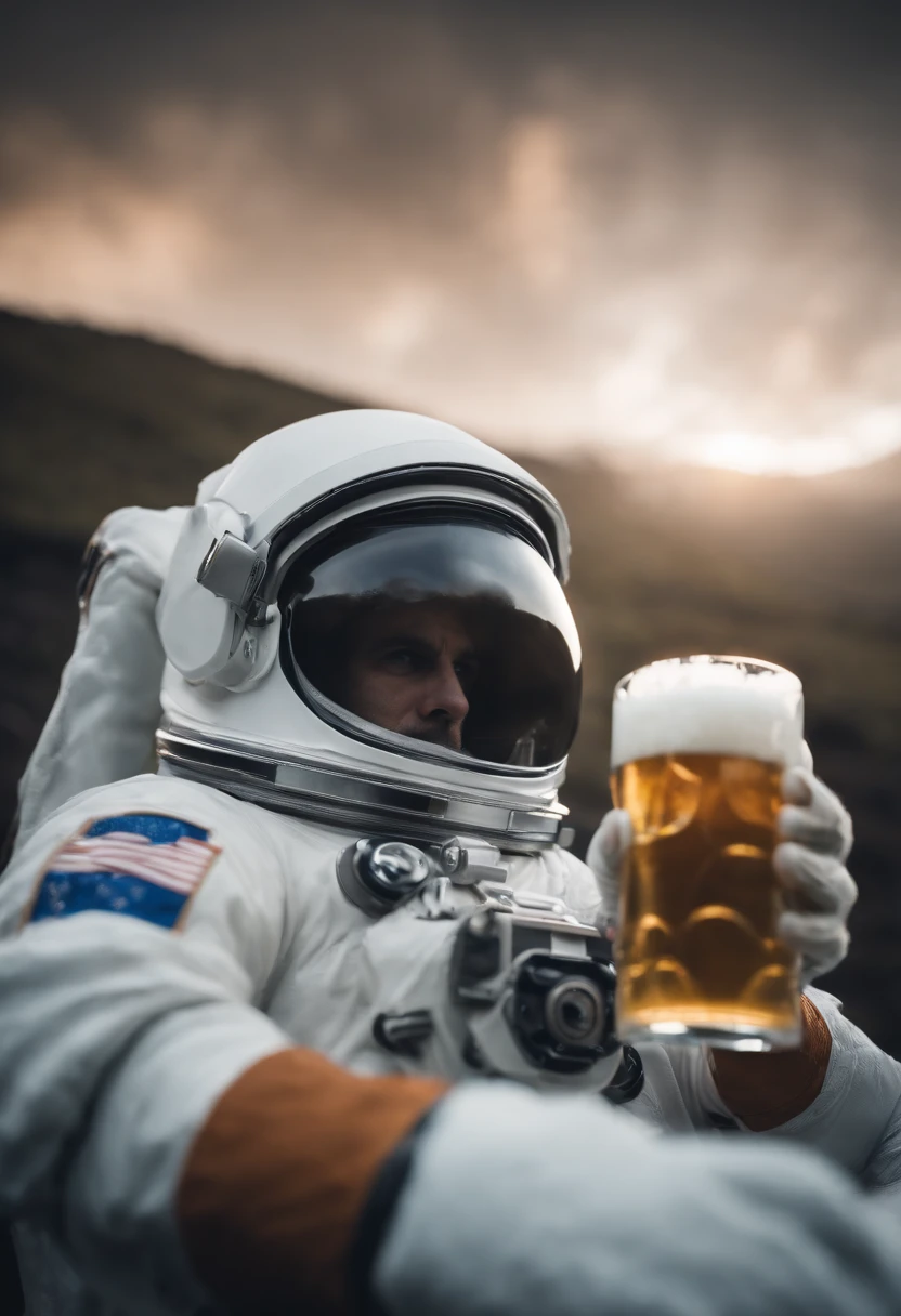 A Yeti themed Astronaut costume, yeti head, floating in space, empty space, in the distant center holding a beer, 1/4 of blurred earth in the background, depth of field, focus on the beer, full body portrait