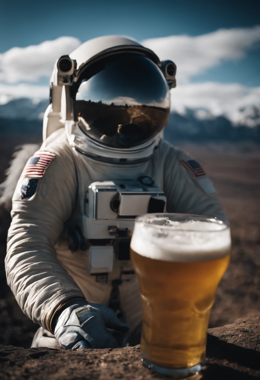A Yeti themed Astronaut costume, yeti head, floating in space, empty space, in the distant center holding a beer, 1/4 of blurred earth in the background, depth of field, focus on the beer, full body portrait
