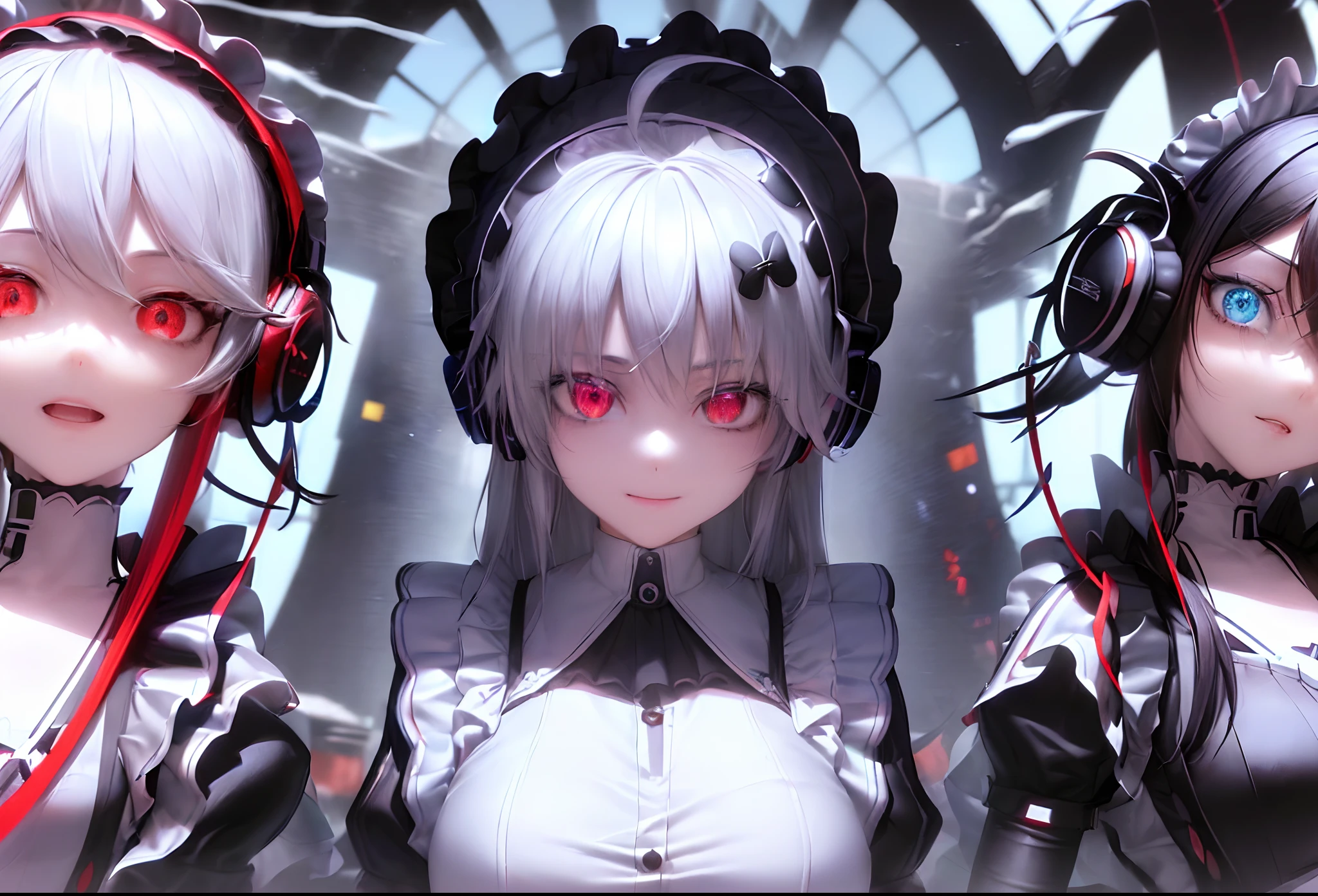 ((Happy eyes: 1.8) (The left eye is blue: 1.5)(The right eye is red: 1.5) (Looking forward: 1.5) Anime character in black and white costume and headphones, anime girls in maid costumes, Cool 3D Anime Girl Rendering, anime girls in maid costumes, maid clothes, gorgeous maid, white haired god, Blue and Red Odd-Eye