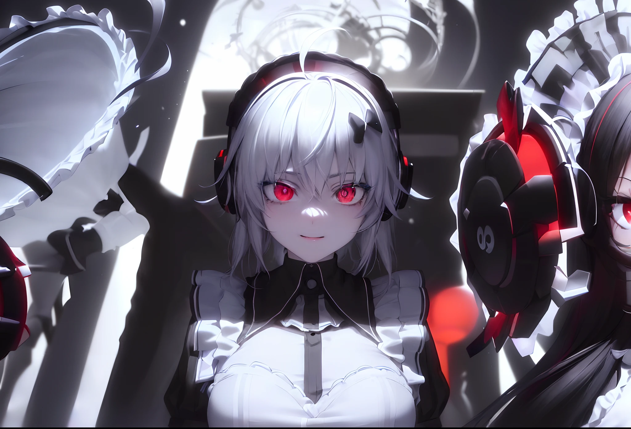 ((Happy eyes: 1.8) (The left eye is blue: 1.5)(The right eye is red: 1.5) (Looking forward: 1.5) Anime character in black and white costume and headphones, anime girls in maid costumes, Cool 3D Anime Girl Rendering, anime girls in maid costumes, maid clothes, gorgeous maid, white haired god, Blue and Red Odd-Eye