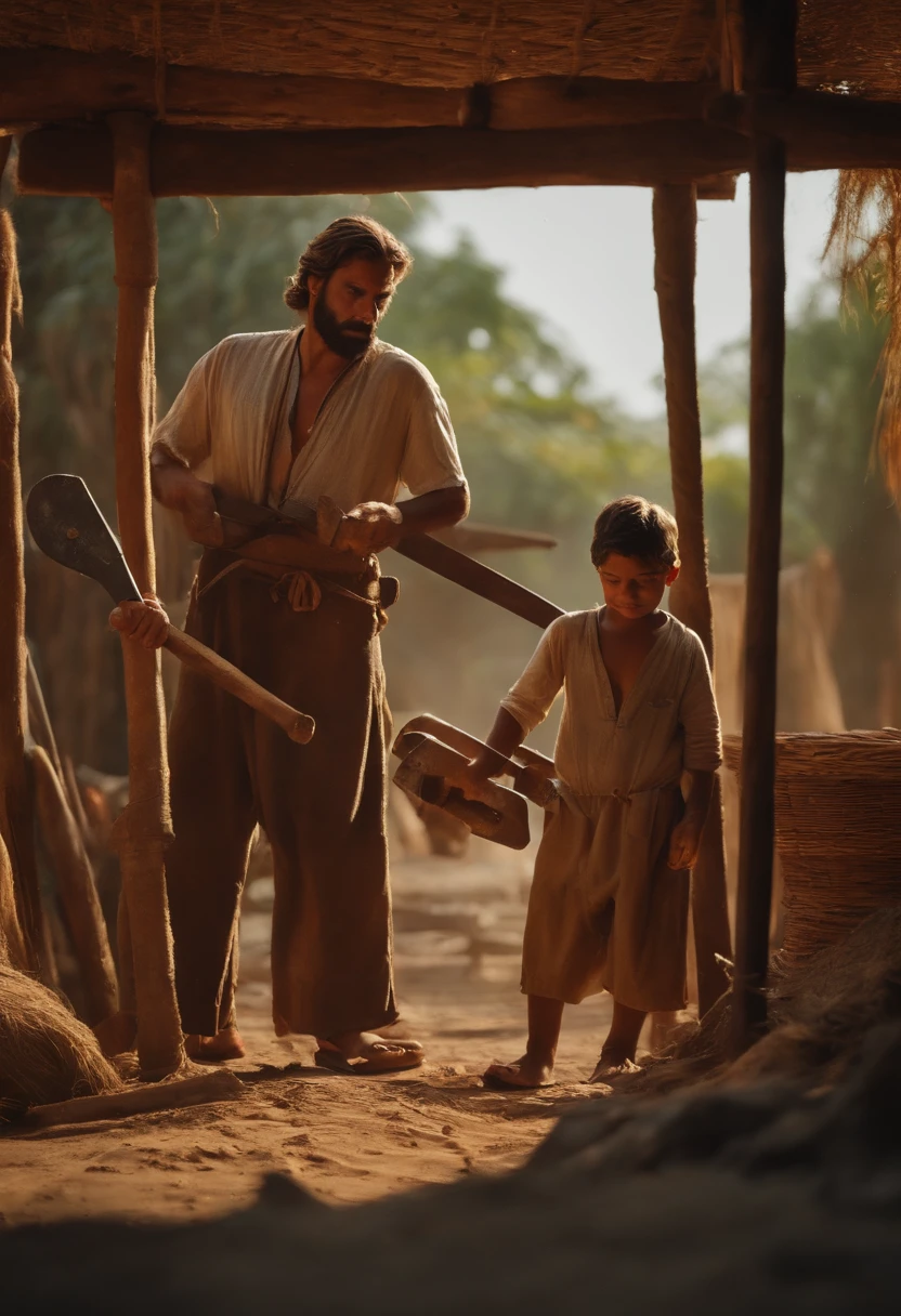 create a scene of Noah and his sons holding hammers and saws, trabalhando juntos para construir a enorme arca em um local aberto.