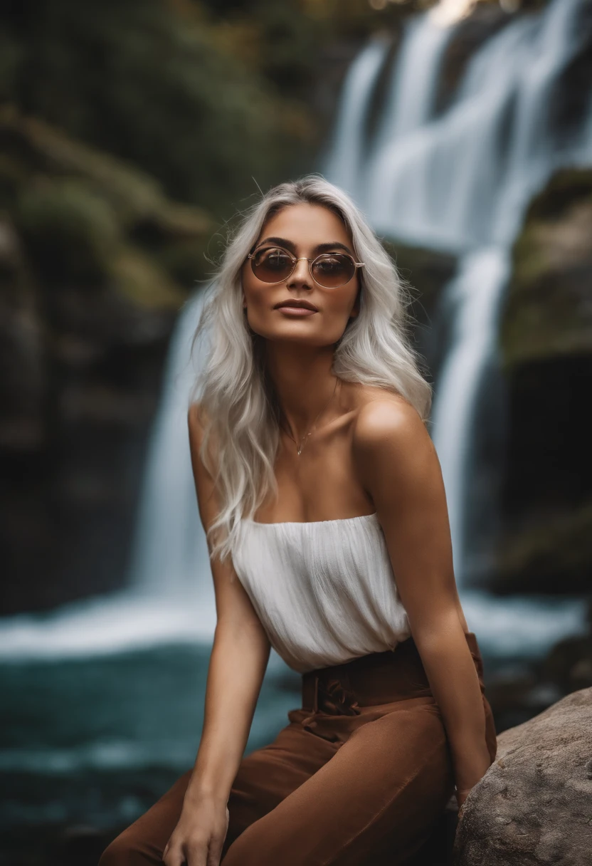 There's a woman with white hair and street clothes posing, na cachoeira, bespectacled, sorrindo, corpo inteiro, Modelo feminina de 24 anos, do cabelo prateado, meninaabelo branco, Posando, menina com cbranco curto, By the light of the waterfall, por do sol, Ultra sharp focus, Filmagem realista, Women's clothing
, ((filmic grain, detalhes da pele, textura de pele altamente detalhada, 8K HDR, DSLR)), white sneakers, brilhante,
