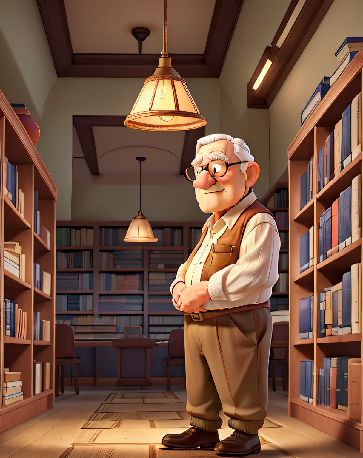 A wise old man standing in front, illuminated by the light of a lamp, against the backdrop of a library