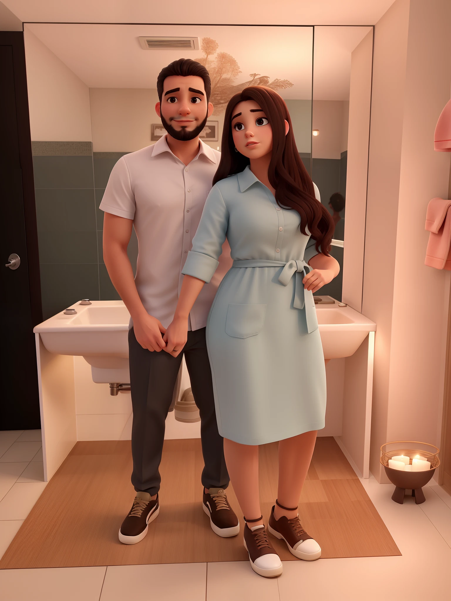 There's a man and a woman together in a bathroom, Lovely couple, intertwined full body view, Casal feliz, crescimento de um casal, Altura total do corpo inteiro, imagem de corpo inteiro, belos arredores, they are in love, tomada em 2 0 2 0, par, comissionado, veja os detalhes, suave em _ O pano de fundo, imagem de perfil