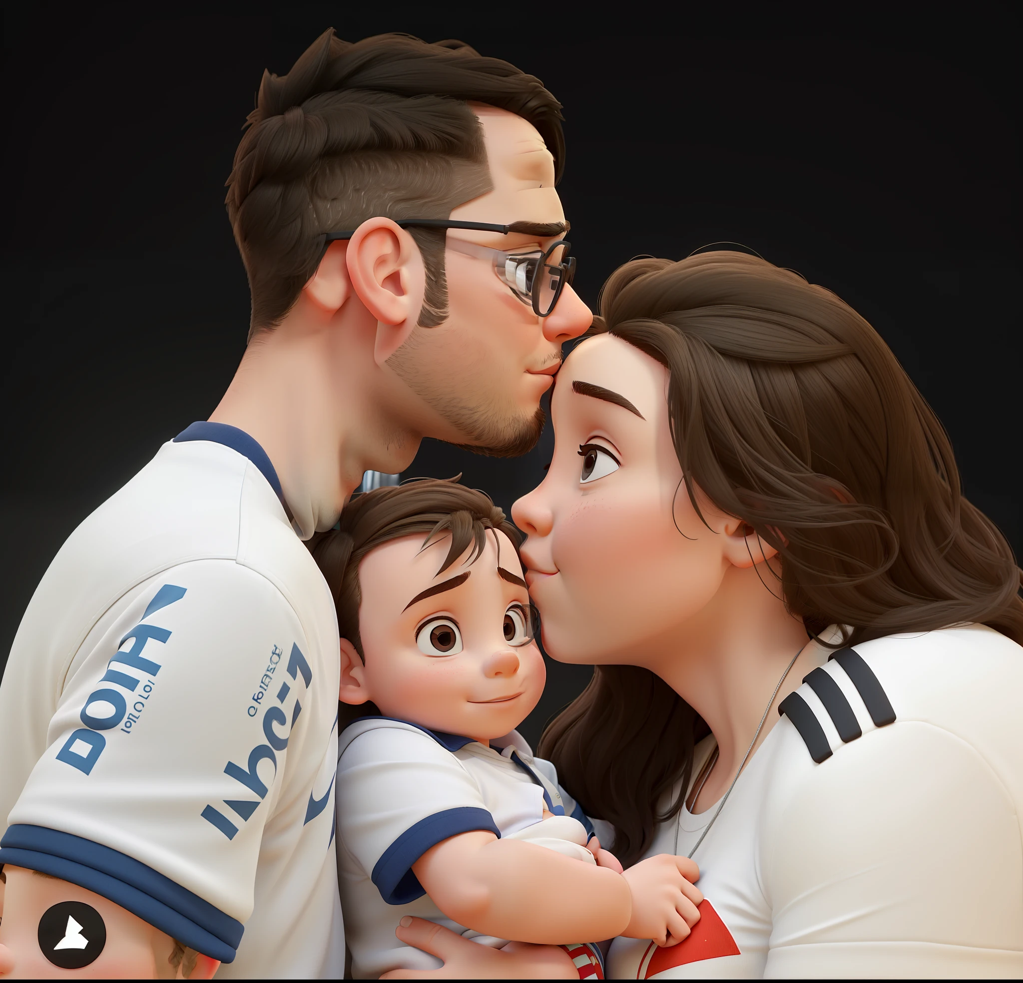 Three people, A couple kissing with a child between them, On the left side was a thin, white 23-year-old man with glasses and a little beard, do lado esquerdo uma mulher de 25 acima do peso, In the middle of the two a 6-month-old baby boy