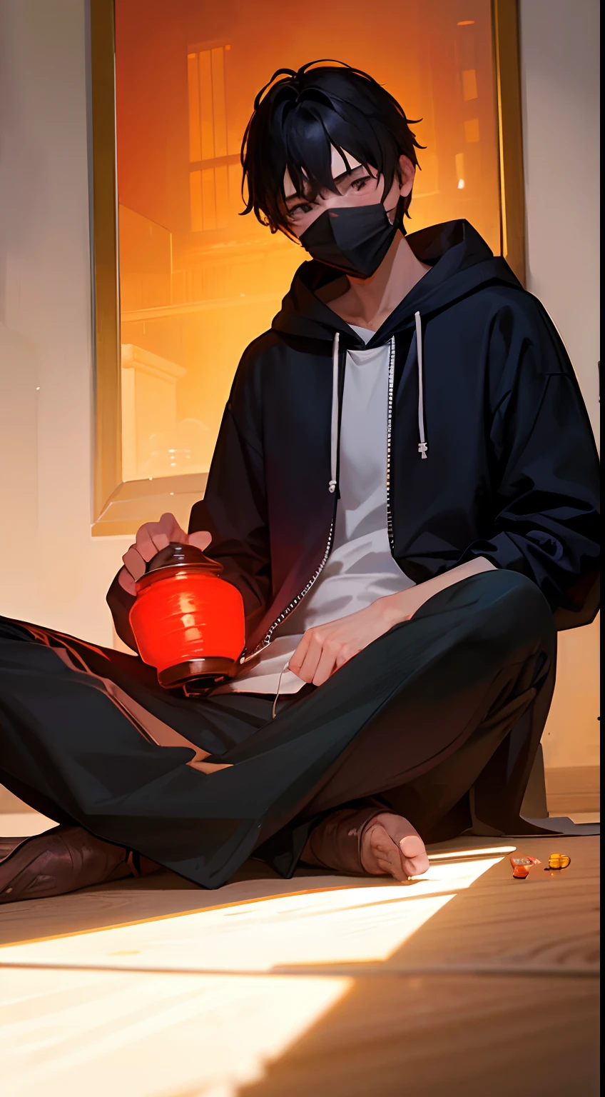 (hight resolution,Realistic) Boy in sweatshirt with red lantern inside sitting alone. His face is covered by a mask, Adding to the atmosphere of mystery. The hood of the sweatshirt is pulled up, casting a shadow on his face,, This makes it the center of the image. The zipper closure of the sweatshirt is partially open, Underneath is a hint of clothing. The boy is the only hero of the work of art, emphasizing his individuality and giving a sense of introspection.