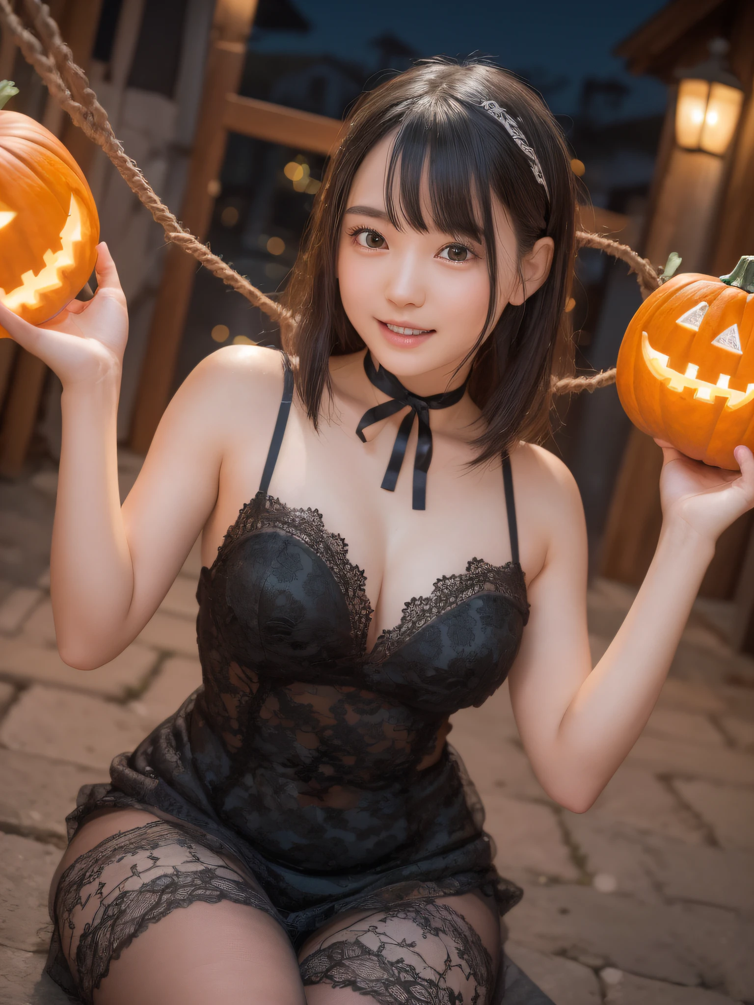 masutepiece, Best Quality, 8K, Textured skin、The ultra -The high-definition、Detailed eye description、15yo student, Teen, Raw photo, absurderes, award winning portrait, Solo, Night, neons,a short bob、a black choker、Black Lace Super Mini Dress、see -through、Girl in Halloween costume、Pumpkin World、Sorcerer、Idol face, violaceaess, gardeniass, Delicate girl, (Low Angle Full Body Shot), Ride the swing、Digital SLR, Candid, Sophisticated, Show your teeth and smile, Thin arms, (Bokeh:1.1)