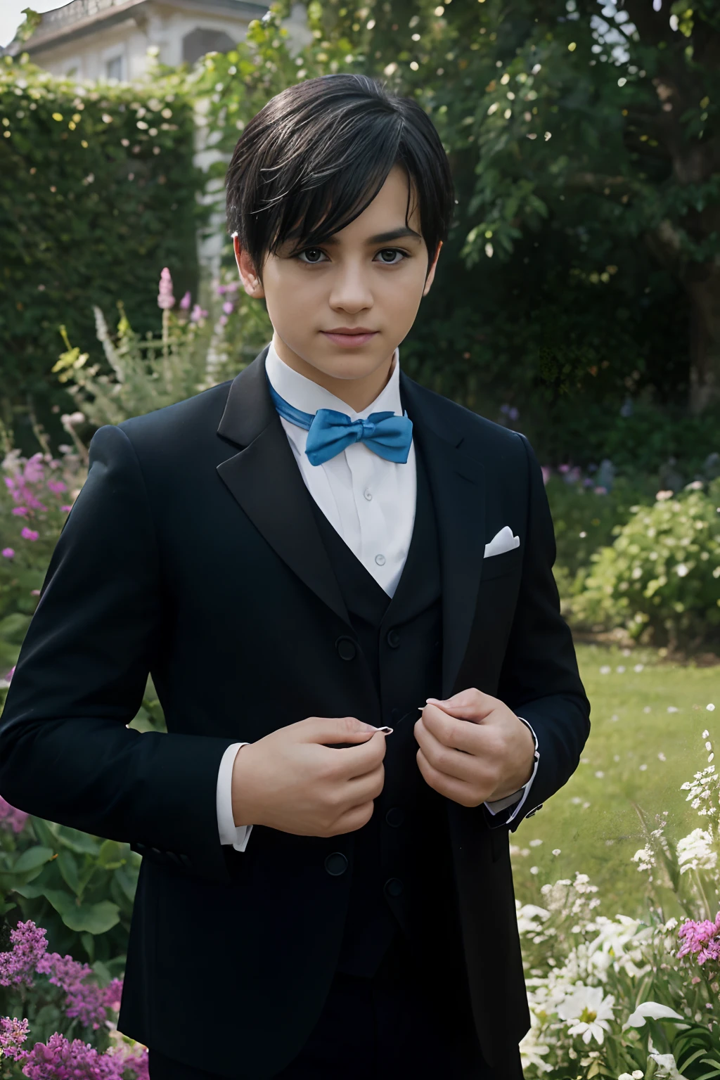 (best quality,4k,8k,highres,masterpiece:1.2),ultra-detailed,(realistic,photorealistic,photo-realistic:1.37),young boy with,beautiful detailed blue eyes,strong facial features,neatly combed black hair,wearing an elegant British-style black tailcoat,an intricately designed pocket watch in his hand,standing in a lush and vibrant garden,with colorful blooming flowers adding a touch of beauty to the scene,a magnificent mansion in the background,creating a sense of grandeur,soft and warm lighting,illuminating the boy's refined and sophisticated expression and highlighting the fine details of his attire and surroundings.