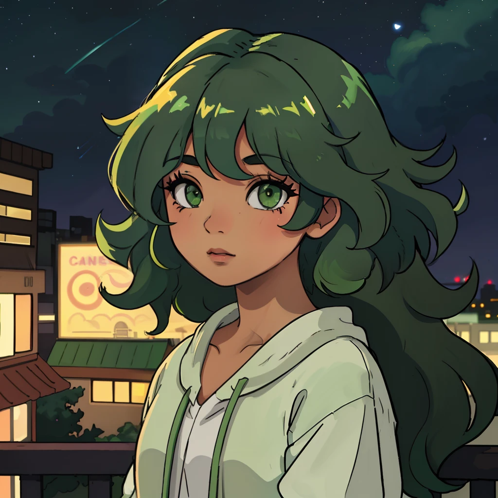 Masterpiece, Half Filipino half black, tanned skinned, big curly hair, wispy wild hair, mid length hair, round nose, green hair, full lips, light green eyes, long lashes, slant eyes, pastel colors, background night, city landscape