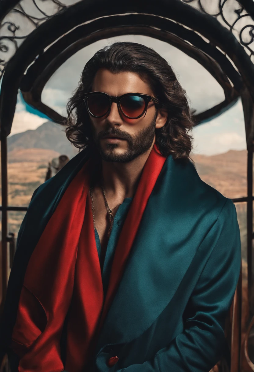 um personagem masculino de cabelos longos pretos e com as pontas vermelhas e um oculos redondo de lentes roxas