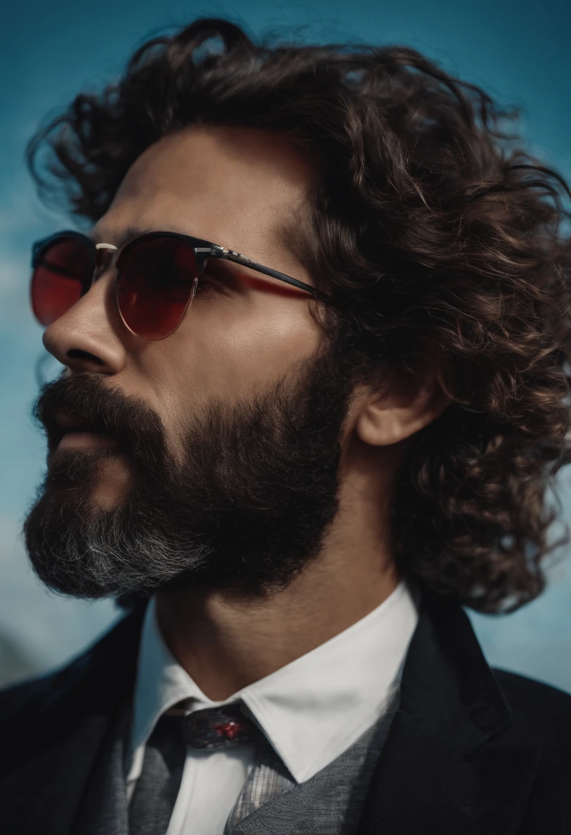 um personagem masculino de cabelos longos pretos e com as pontas vermelhas e um oculos redondo de lentes roxas