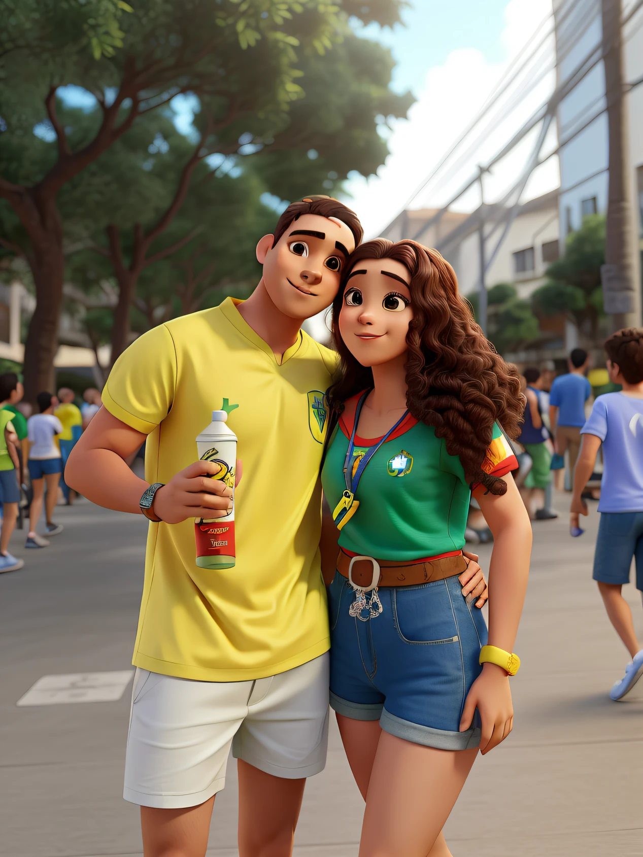 Um casal, com a blusa do brasil, no meio de uma pessoas andando, estilo Disney Pixar, alta qualidade, melhor qualidade