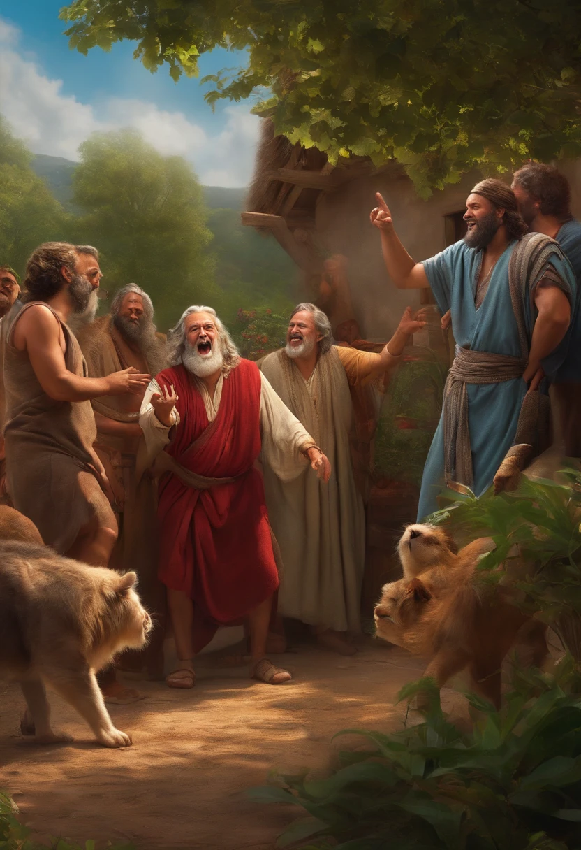 create a scene of Noah arguing with his neighbors, who are laughing and pointing at him in disbelief.