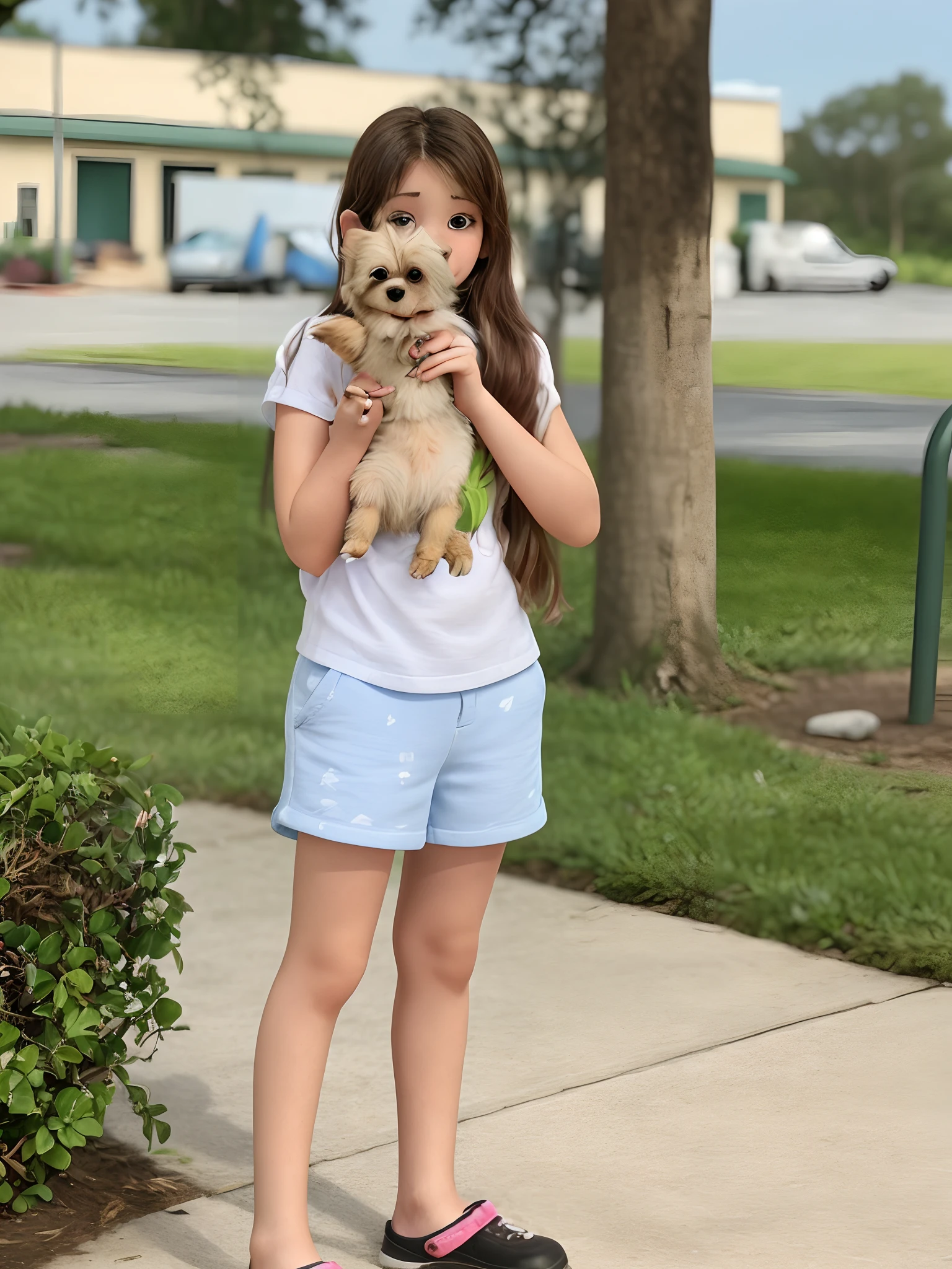 arafed girl holding a smalldog on a sidewalk, holding her morkie, dressed in a top and shorts, she is about 8 years old, in front of the house, wearing shorts and t shirt, holding paws, proudly walking down the street, super cute and friendly,