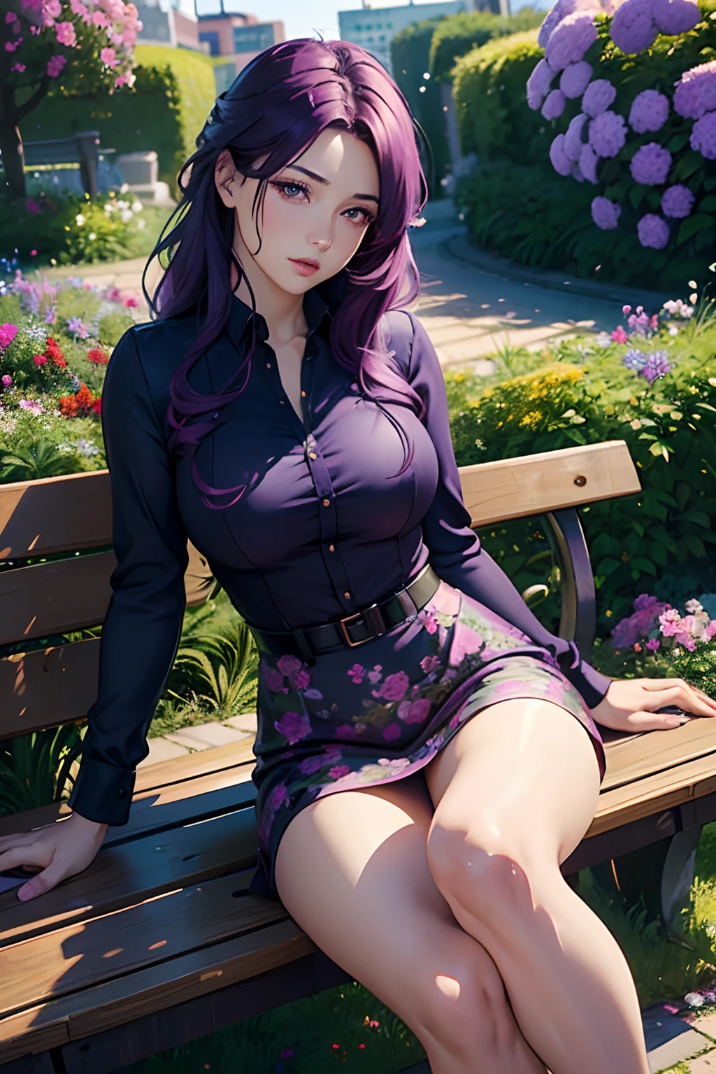 A 30 year old woman in a garden, oil painting, beautiful detailed eyes, beautiful detailed lips, extremely detailed eyes and face, legs open, purple hair, long eyelashes, Misato Katsuragi, city background, confident expression, sitting on a bench, colorful flowers, realistic lighting, vibrant colors