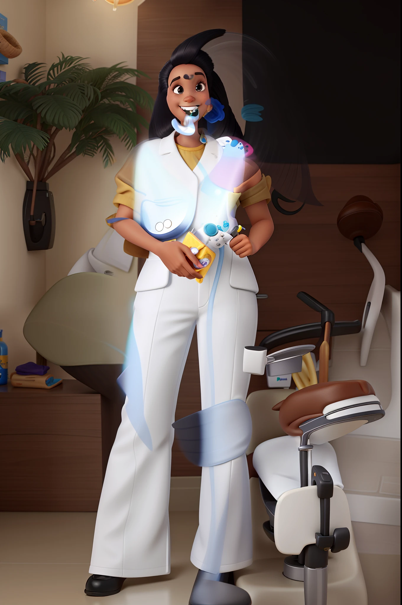 Uma dentista estilo Disney pixar com cabelos negros longos, a dentista que faz o melhor clareamento dental