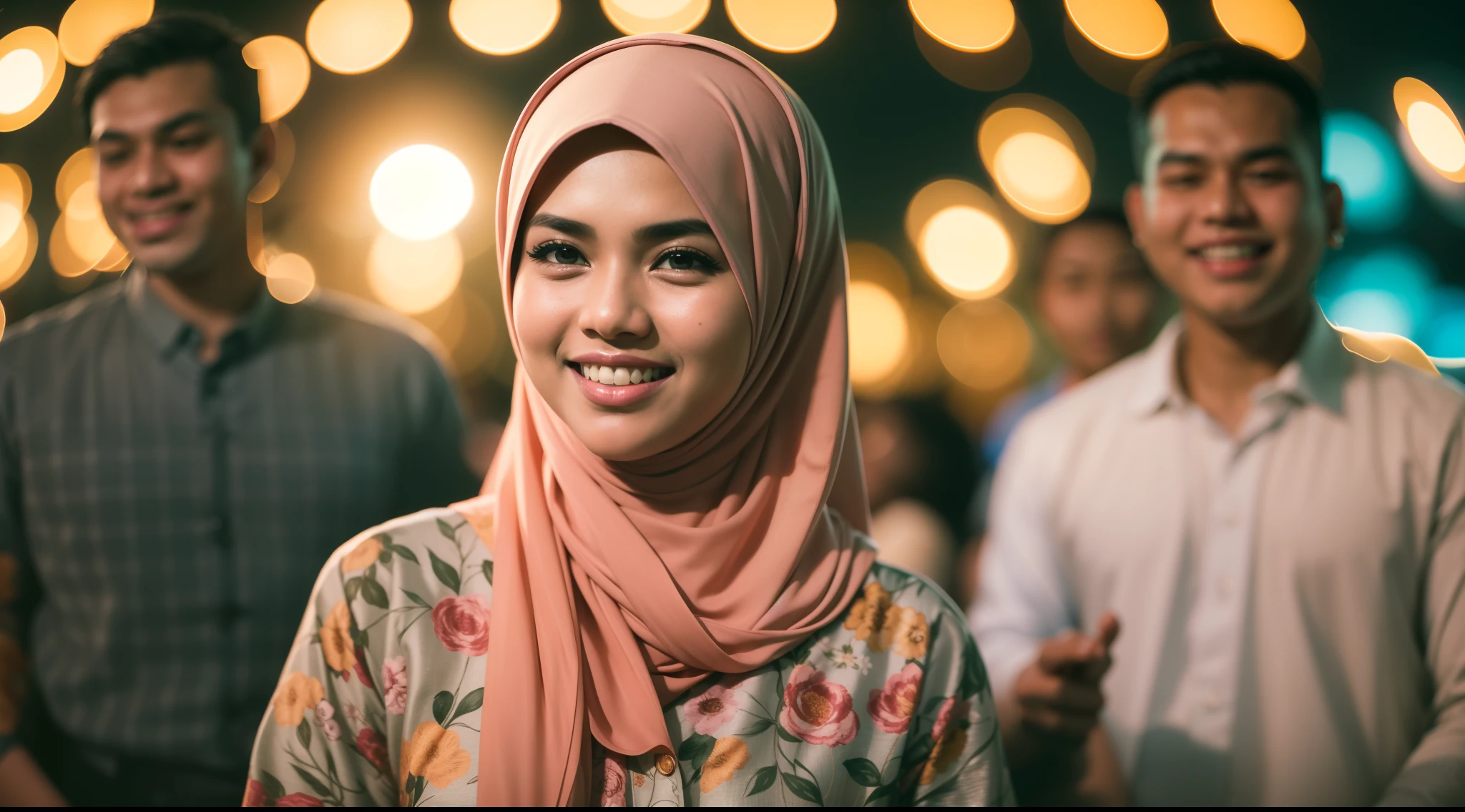Portrait photography of a beautiful young malay girl in hijab and wear floral pattern baju kurung with 1 malay man watching a malay traditional concert, nighttime, beach concert background, crowded concert, bokeh, bright lighting, smile and happy gesture, high quality, ultra detail, 8k, cinematic color, 28mm, Establishing shot, muted color grading, cinemascope,