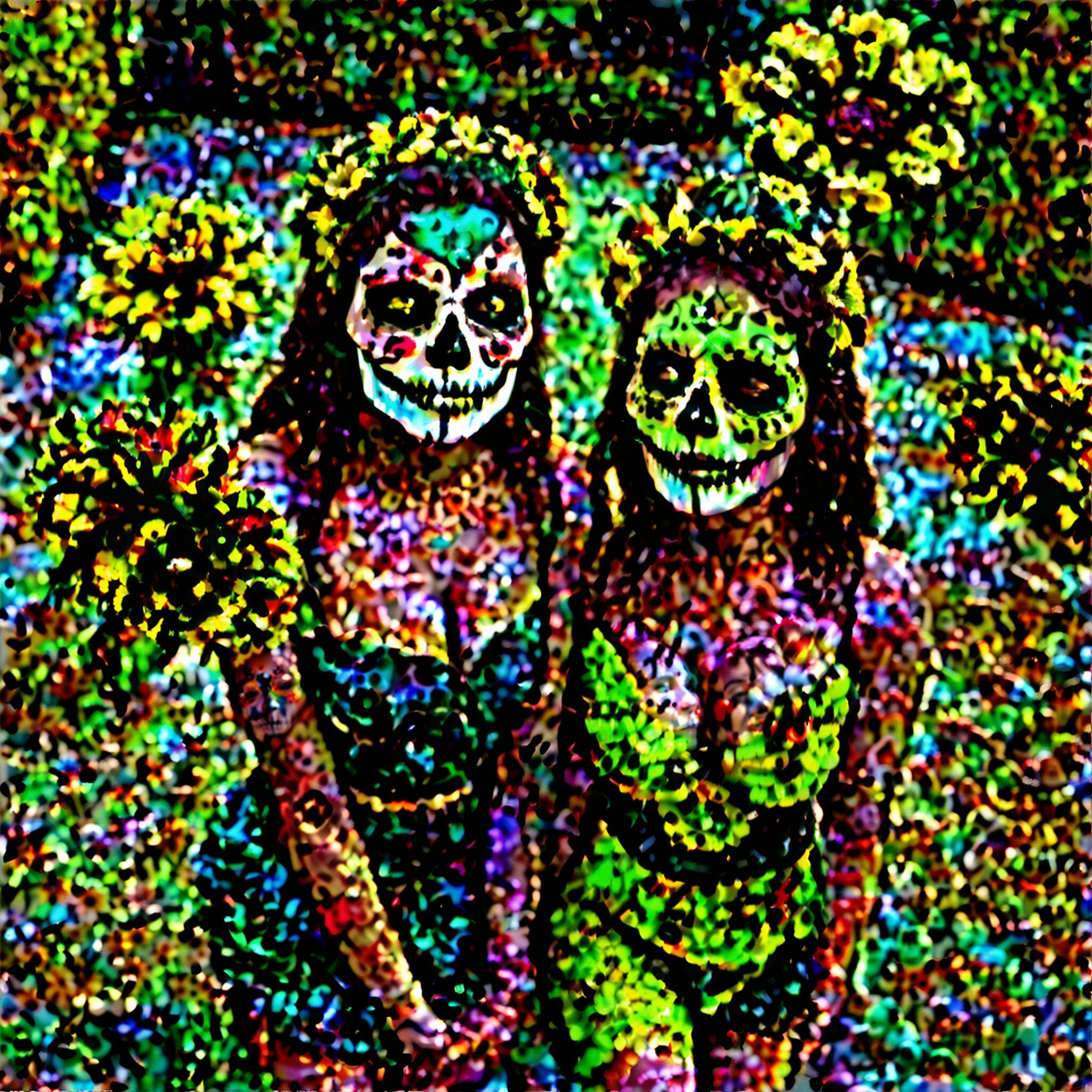 Alex Drummer photoshoot Mexican tradition, girls dressed as catrinas with their faces painted as skulls, on the day of the dead, through the streets of Pátzcuaro Michoacán, yellow and orange flowers everywhere, photography in the styles of national geographic magazine, High Angle Shot, cinematic, Highly detail --ar 9:16