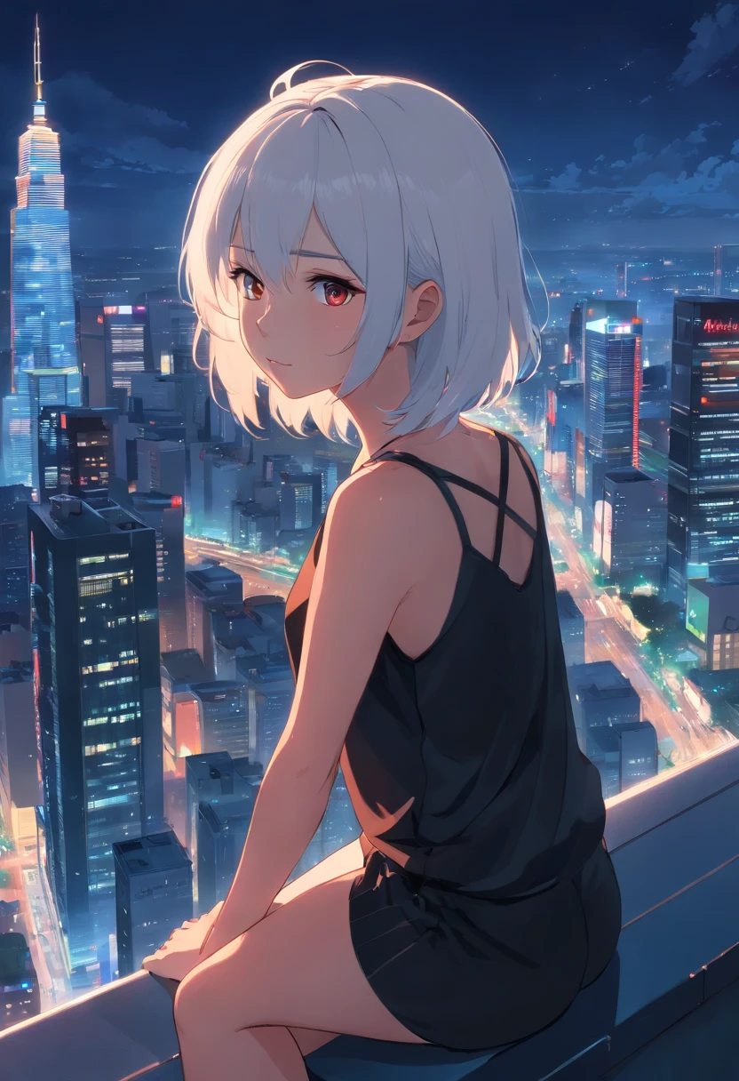 a girl wearing black top sitting on a skyscraper edge in the night with the city lights behimd her. She has white hair and red yes