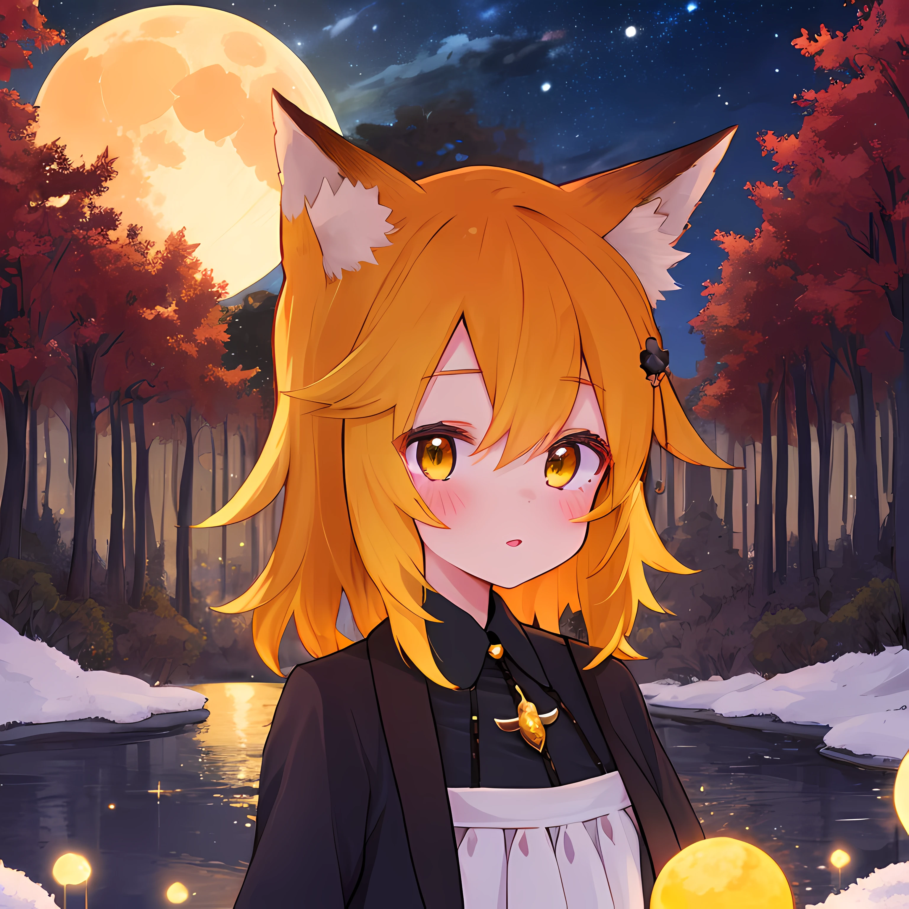 (Best Quality,4k,hight resolution,Masterpiece:1.2),Fox Girl,ear,On the Front Line,single girl,Bushes,the trees, Detailed girl, beatiful face, redhead hair, pretty eyes, very detailed eyes, Beautiful yellow eyes, Almost orange eye color, Very nice girl, The Starry Night, luna, Very beautiful moon, 4K Луна